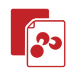 A red icon displaying a sheet of paper partially overlapping another sheet featuring a molecular structure with three connected circles.