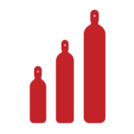 Three red vertical cylinders are standing next to each other, increasing in size from left to right, on a plain white background.