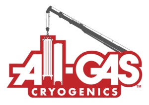 A vertical cryogenic tank being lifted by an overhead crane sits above the text "All-Gas Cryogenics".